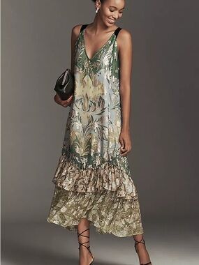 Anthropologie Sleeveless Green Floral V-Neck Tiered Maxi Dress